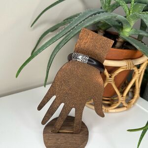 Vintage Sterling Silver & Wood Bangle Bracelet Artisan 925 Hinged Floral Clasp